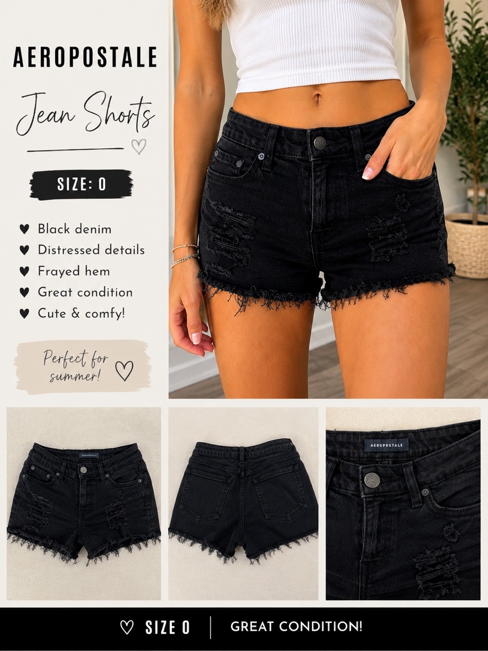 Aeropostale Black Distressed Frayed Hem Jean Shorts